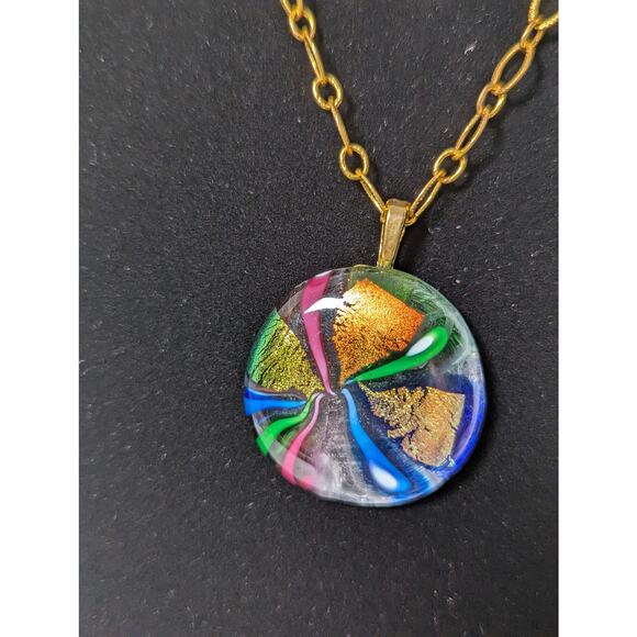 Artisan Dichroic glass pendant and gold plated chain 1 3/8" x 19" chain - Picture 4 of 8